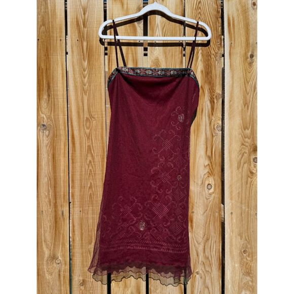 Bonkers Vtg Maroon Red Spaghetti Strap Dress Shimmery Floral Aztec Mesh Frilly L - Picture 1 of 4